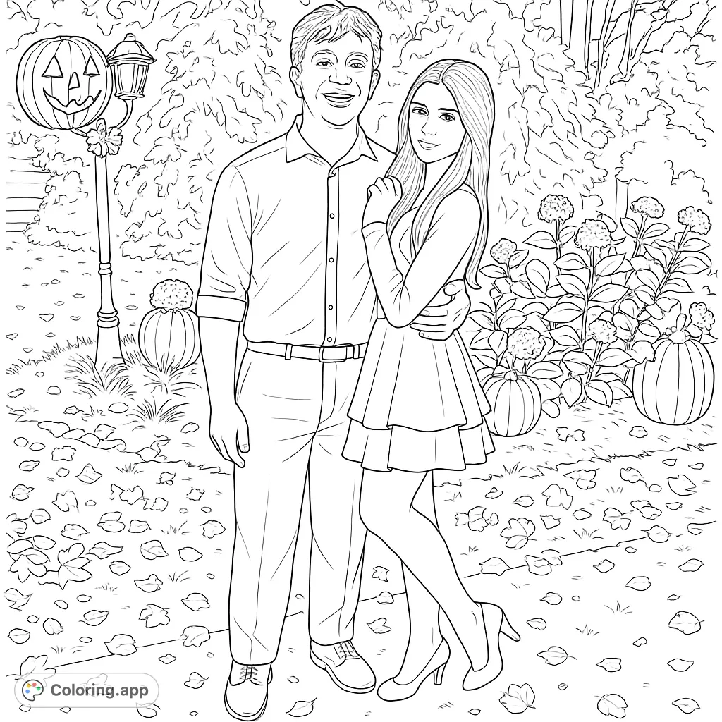 A heartwarming autumn couple coloring page, perfect for fall festivities. Features a smiling man and woman amidst pumpkins and fallen leaves.