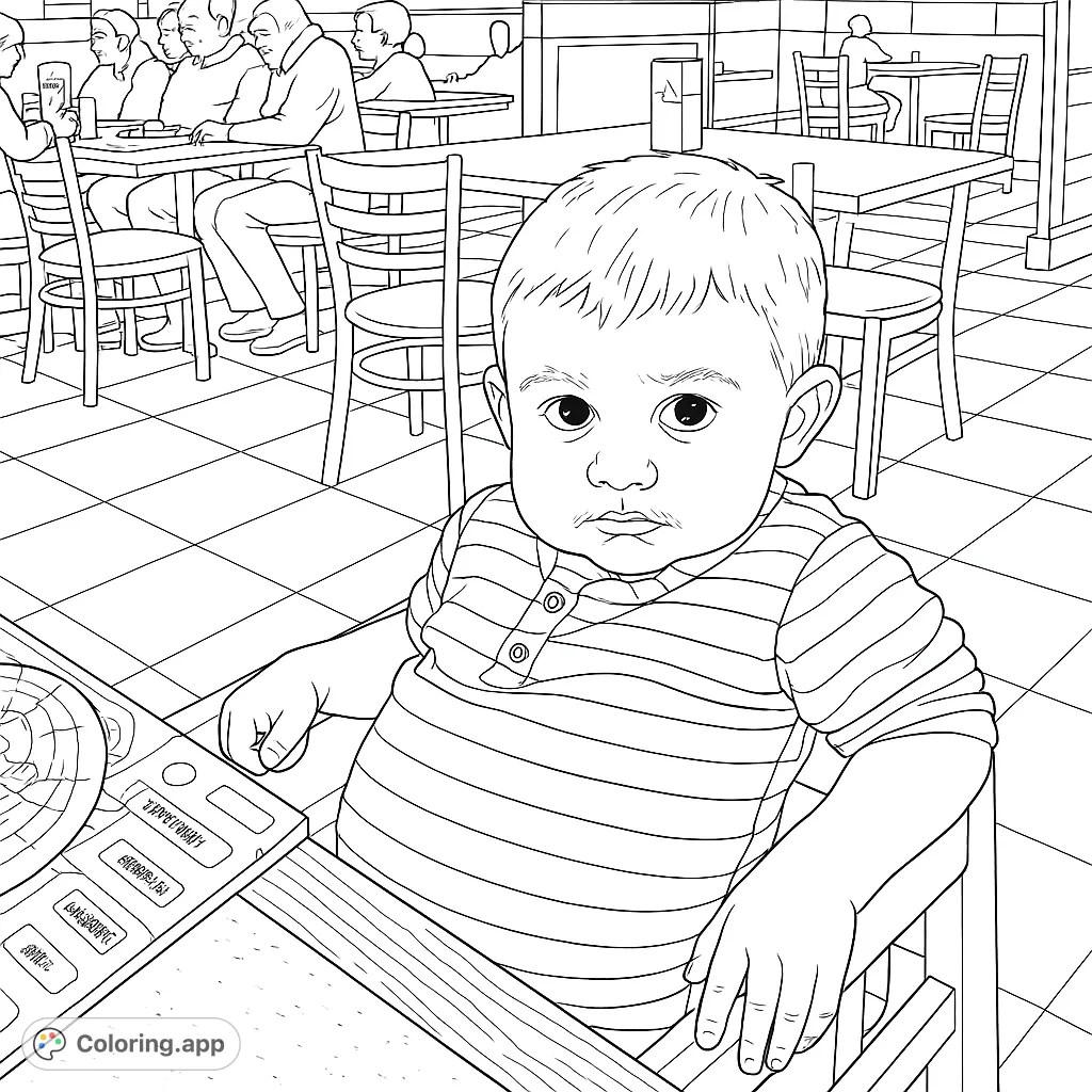 Adorable baby in a high chair at a bustling restaurant, ready for coloring fun! A charming scene for kids and adults to enjoy.