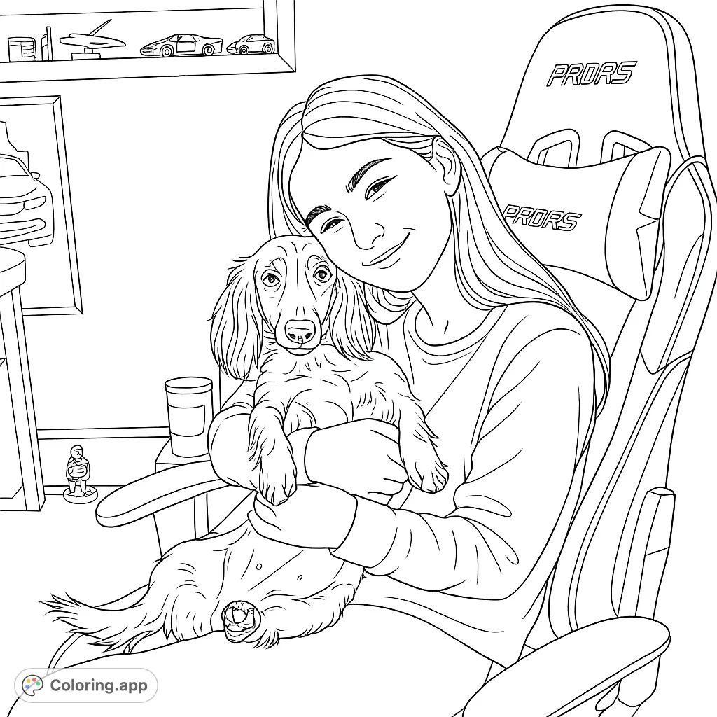 A heartwarming pet coloring page featuring a girl cuddling her dachshund in a gaming chair, perfect for animal lovers and gamers.