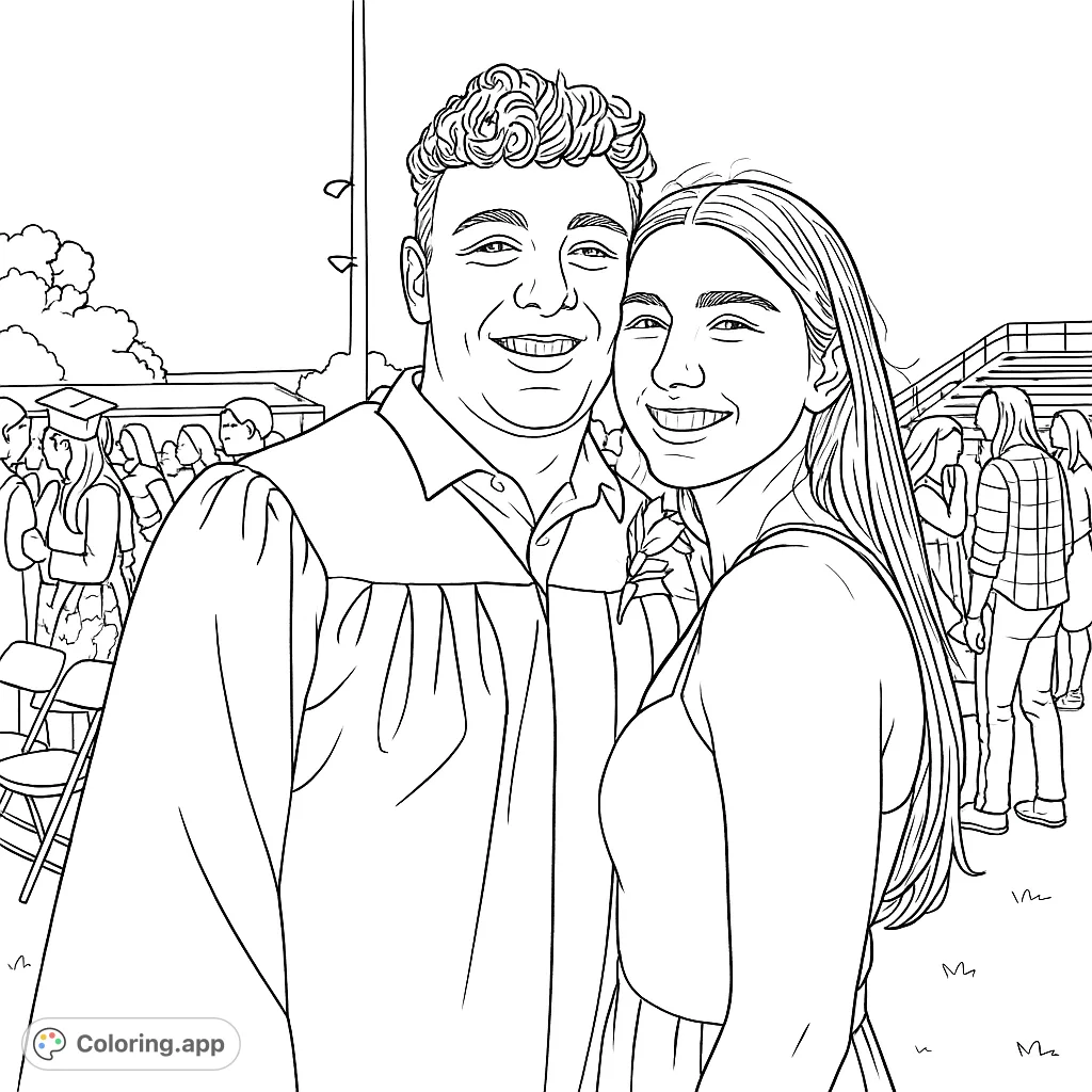 A joyful graduation scene featuring two smiling individuals, one in a cap and gown, celebrating their big day. Perfect for a memorable coloring experience.