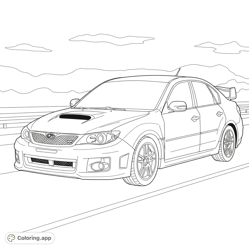Rev up your creativity with this high-performance sports car coloring page, featuring a sleek sedan on a scenic road. Perfect for car enthusiasts!