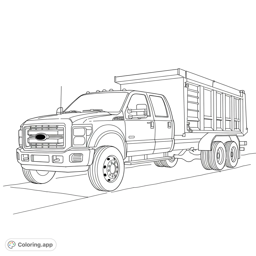 Detailed heavy-duty dump truck ready for construction adventures. A free printable vehicle coloring page for all ages.