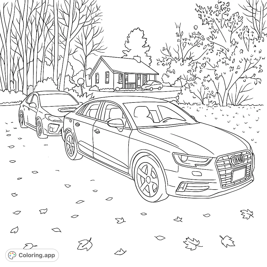 A detailed autumn cars coloring page featuring two modern vehicles parked on a driveway with a cozy house and trees in the background, scattered with fall leaves.
