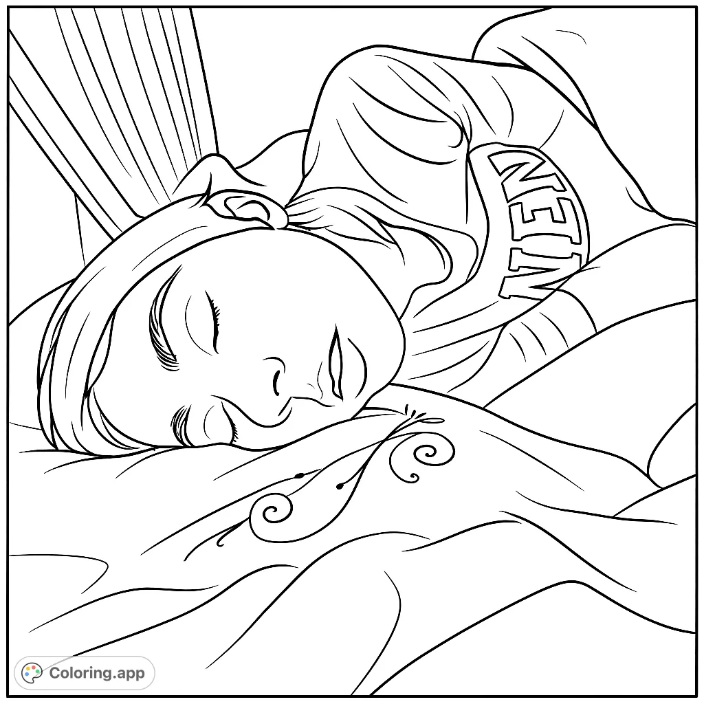 A serene black and white line drawing of a person sleeping peacefully, nestled in soft blankets. Perfect for relaxation and mindful coloring.