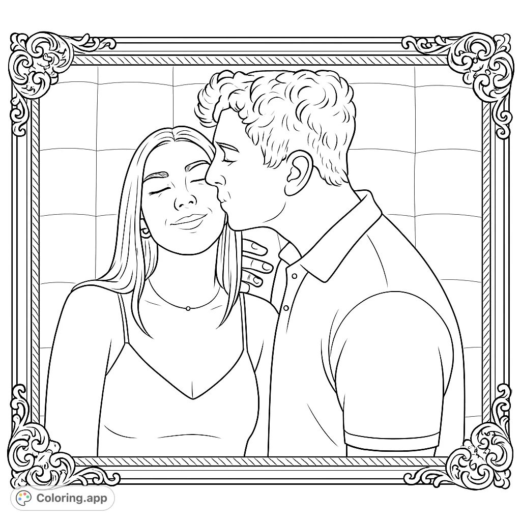 Capture tender moments with this romantic couple coloring page. Features a loving embrace within an ornate frame, perfect for expressing affection.