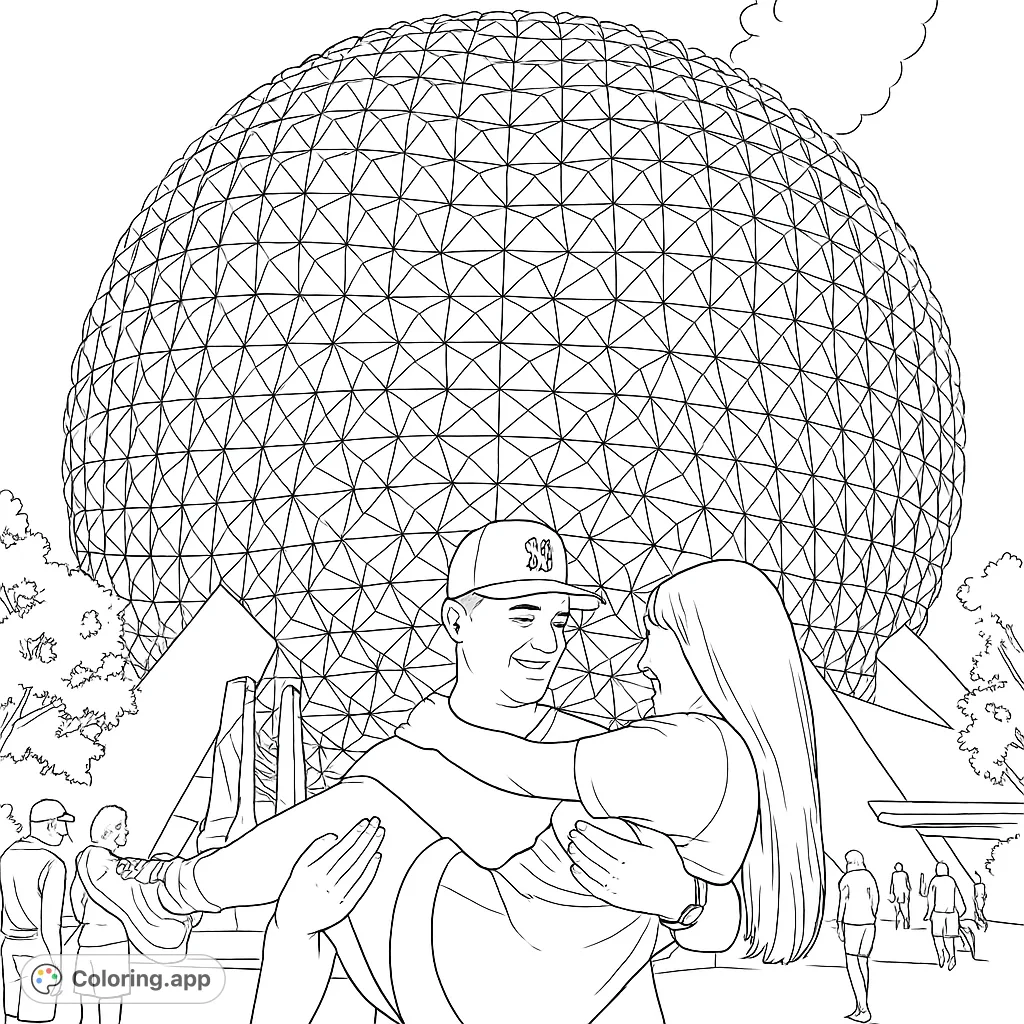 A romantic couple embraces before a grand geodesic dome. This free printable theme park coloring page captures a joyful moment, perfect for all ages.