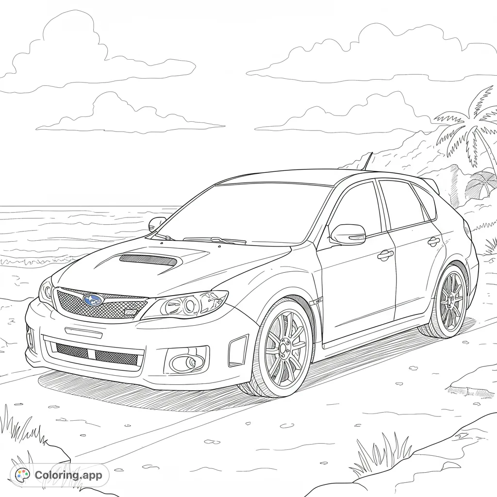 Color a dynamic sporty hatchback parked by a serene beach with palm trees and ocean waves. A free printable car coloring page for all ages.