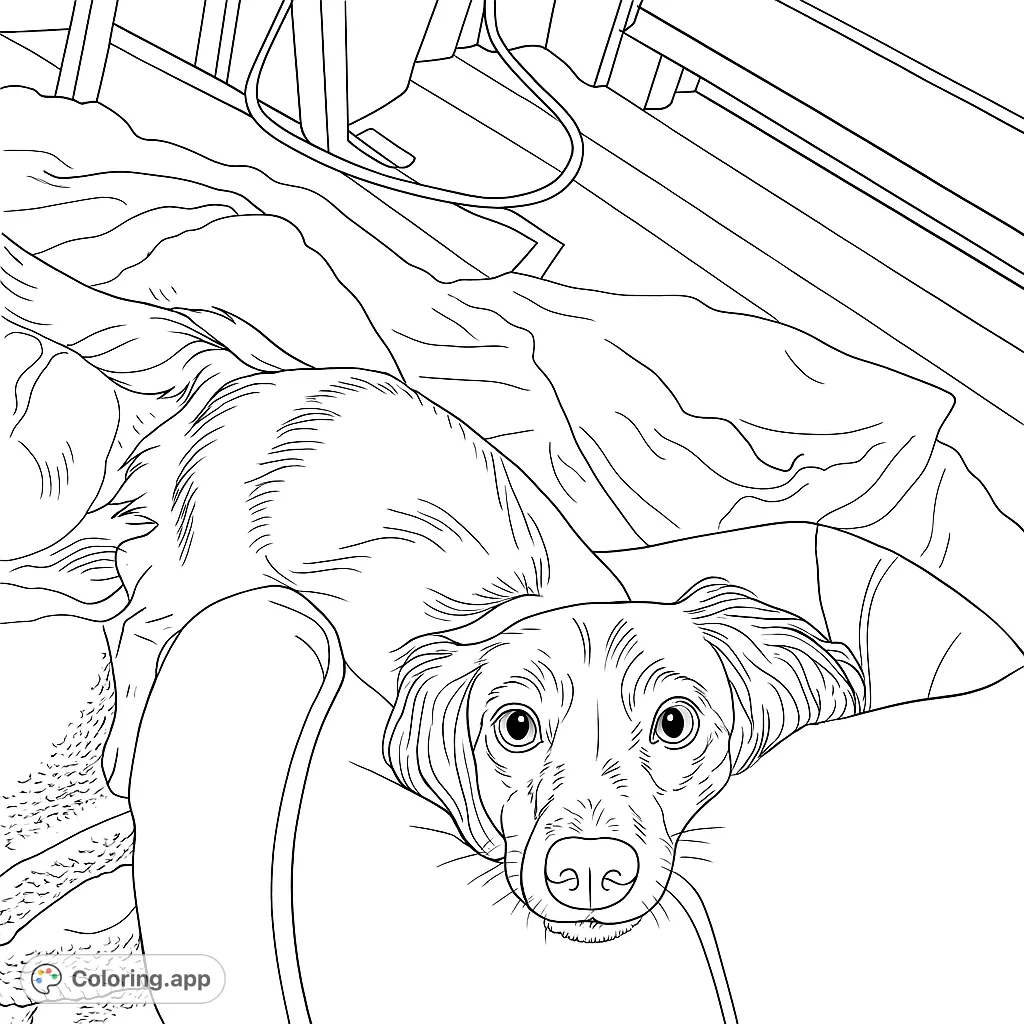 Adorable dog resting on a cozy couch, looking up with sweet eyes. A charming free printable pet coloring page for all ages.