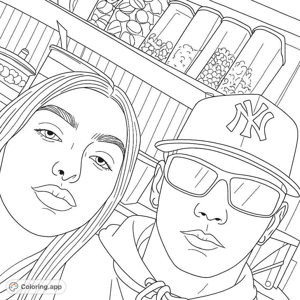 A cool selfie of two friends in a candy store, perfect for a modern urban coloring page. Fill the jars with vibrant sweet colors!