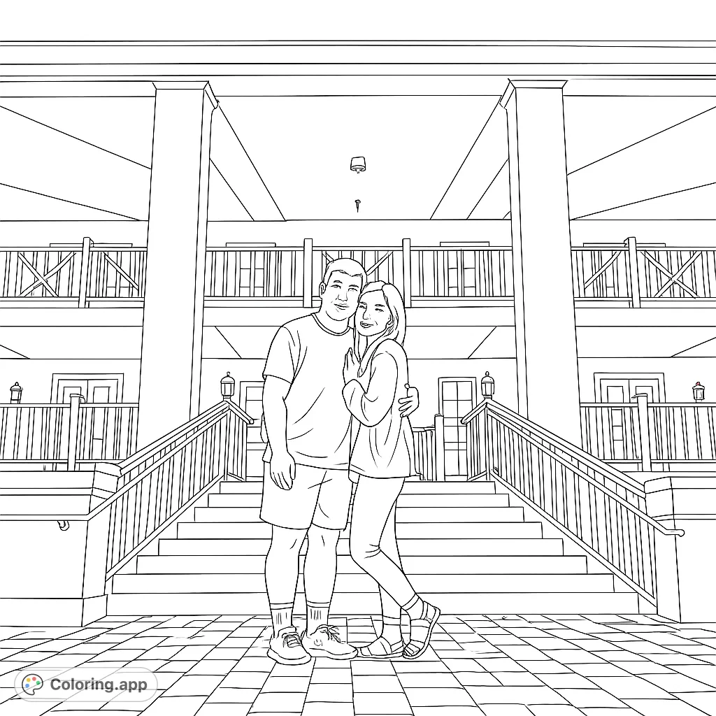 A heartwarming couple stands on a grand staircase in front of a stately building, perfect for a romantic memory coloring page.