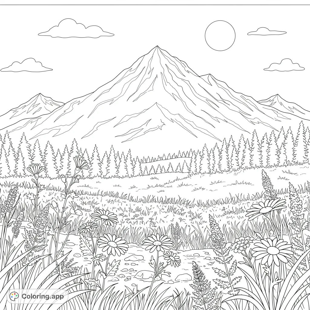 Explore a serene mountain landscape coloring page featuring wildflowers, evergreen trees, and a majestic peak. A free printable nature scene for all ages.