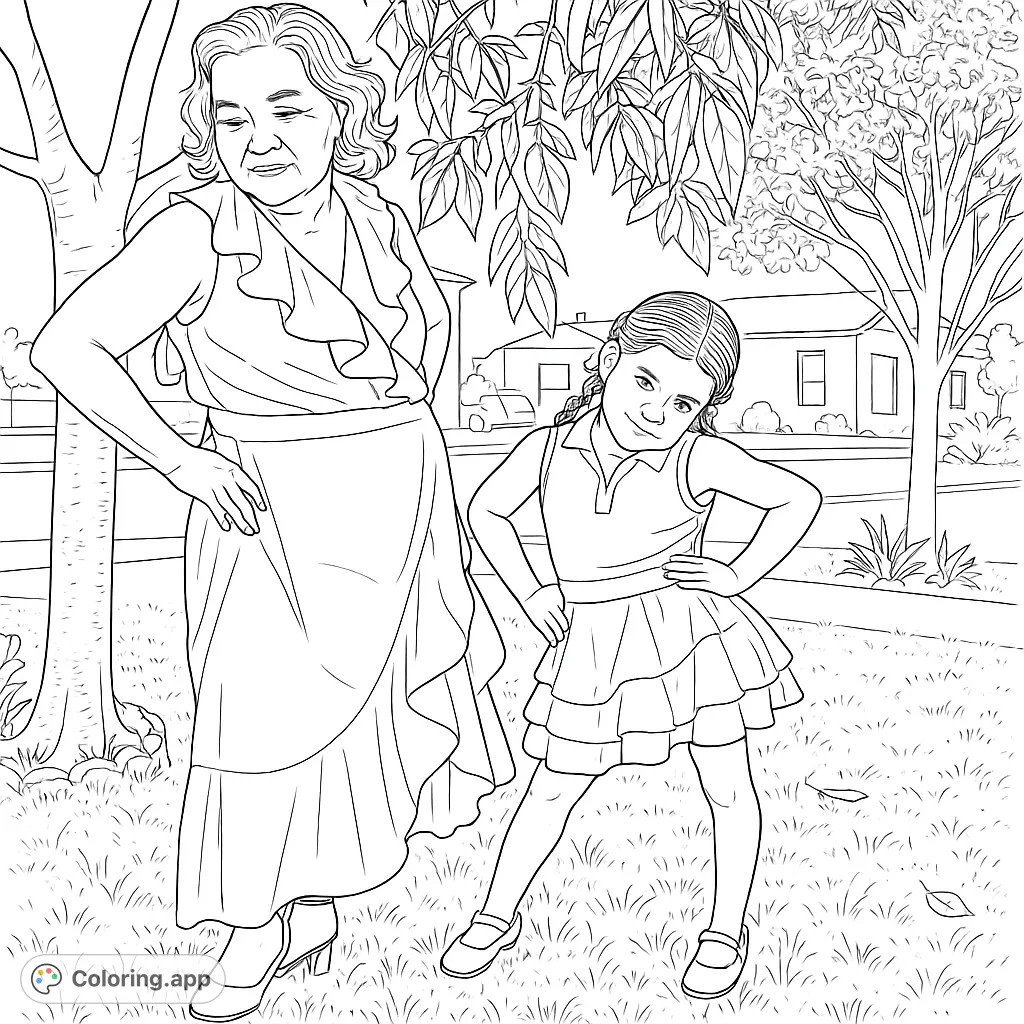 A heartwarming free printable coloring page featuring a grandmother and granddaughter posing confidently outdoors, perfect for all ages.
