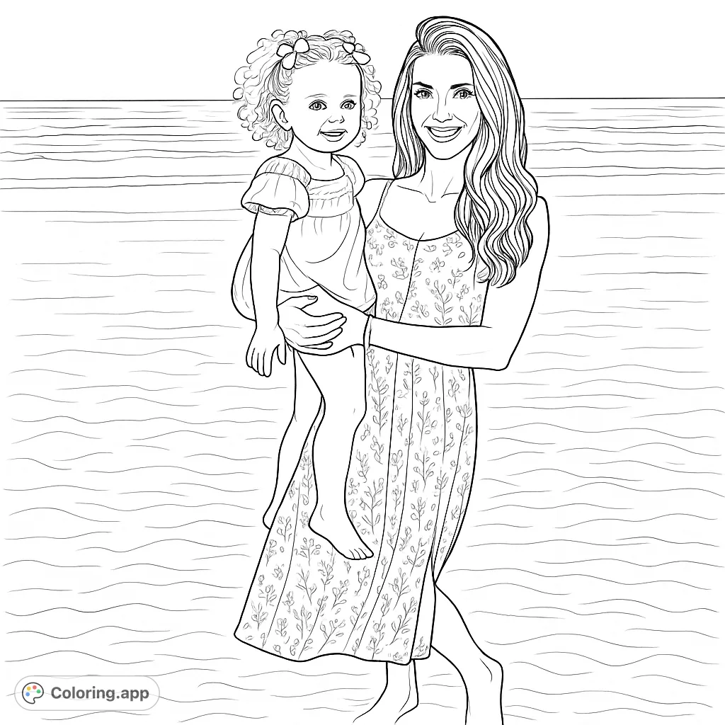 A heartwarming mother and child beach coloring page, featuring a smiling duo by the ocean. Perfect for family and summer themes.