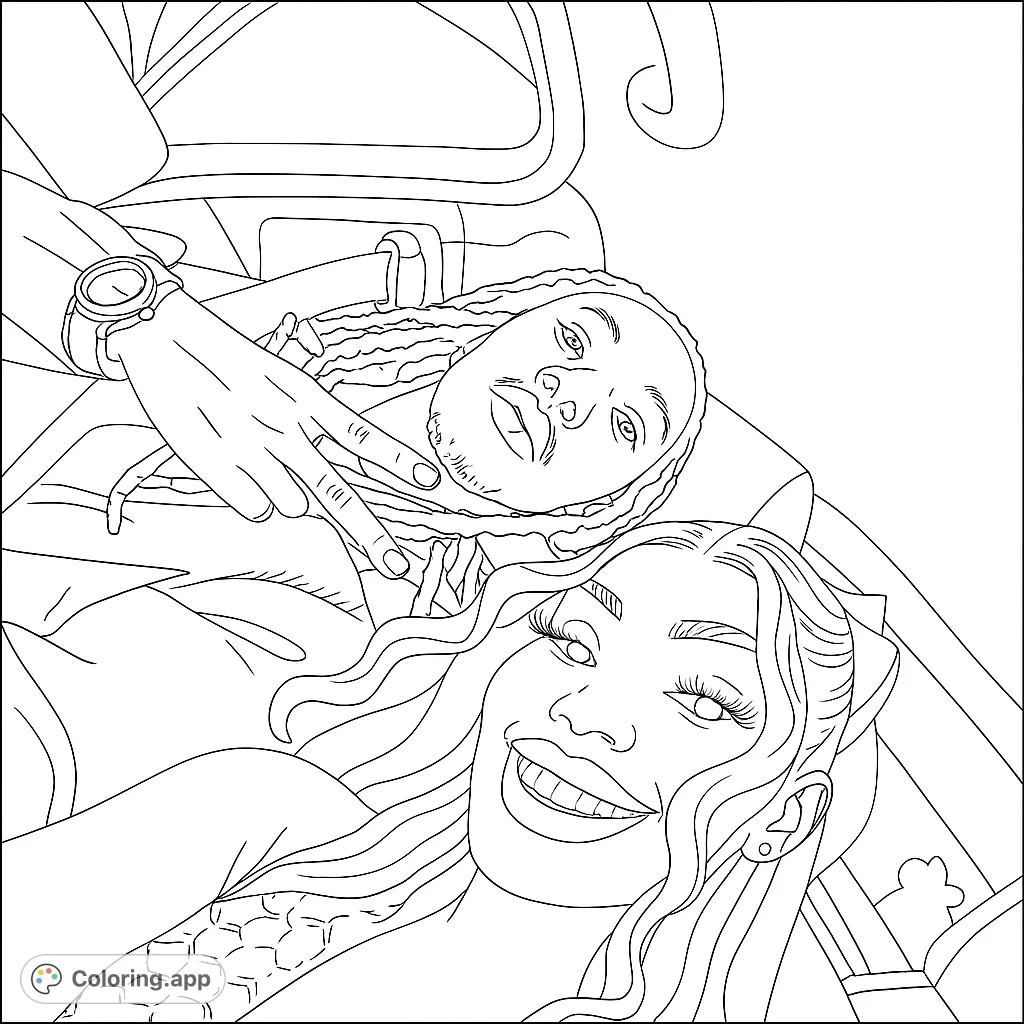 Capture a joyful selfie moment with this friendship coloring page featuring a smiling woman and a man making a peace sign. Free printable for all ages!