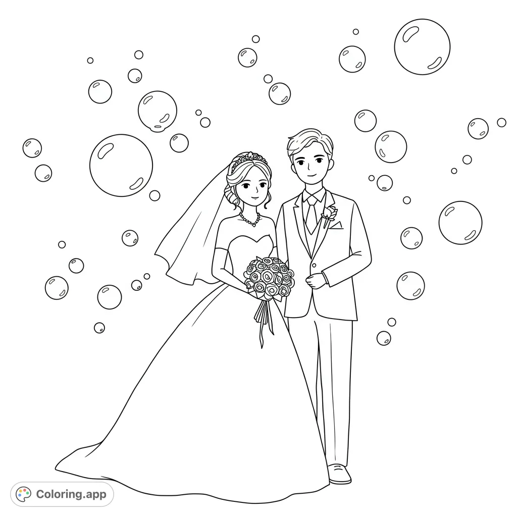 A joyful wedding couple stands together, surrounded by floating bubbles, ready for a beautiful celebration. Perfect for personalizing with vibrant colors.