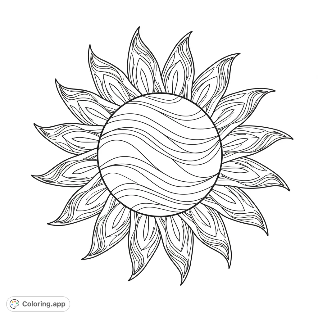 A beautiful, intricate sun mandala coloring page with detailed rays and wavy patterns. Perfect for relaxation and creative expression. Free printable sun coloring page.