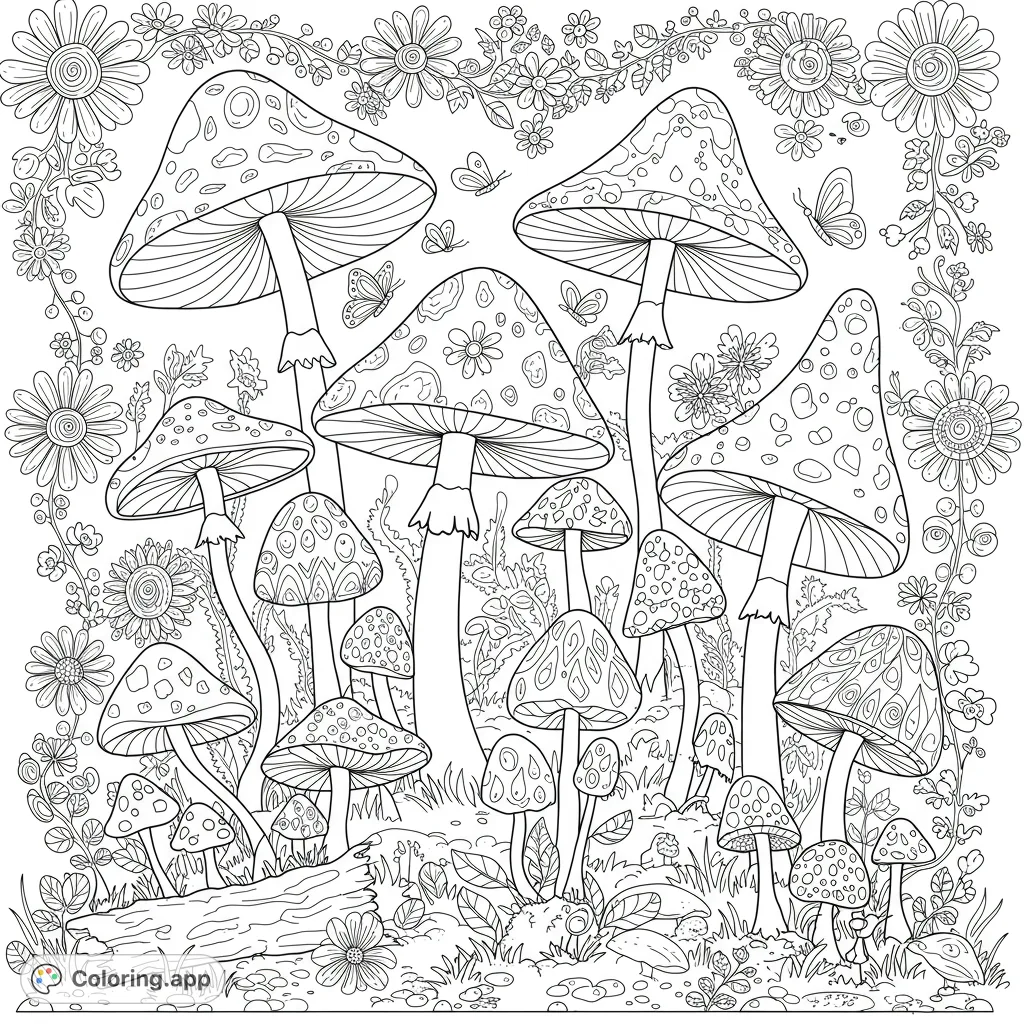 A whimsical mushroom forest coloring page with various fungi, butterflies, and a floral border, perfect for nature lovers and fantasy enthusiasts.