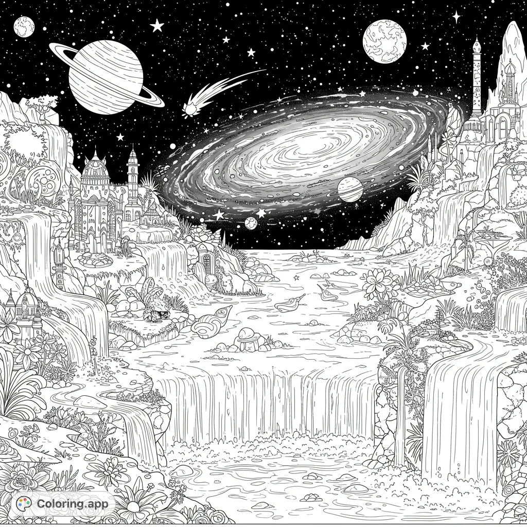 An intricate cosmic fantasy landscape with majestic castles, cascading waterfalls, and a swirling galaxy in a starry sky, perfect for detailed coloring.