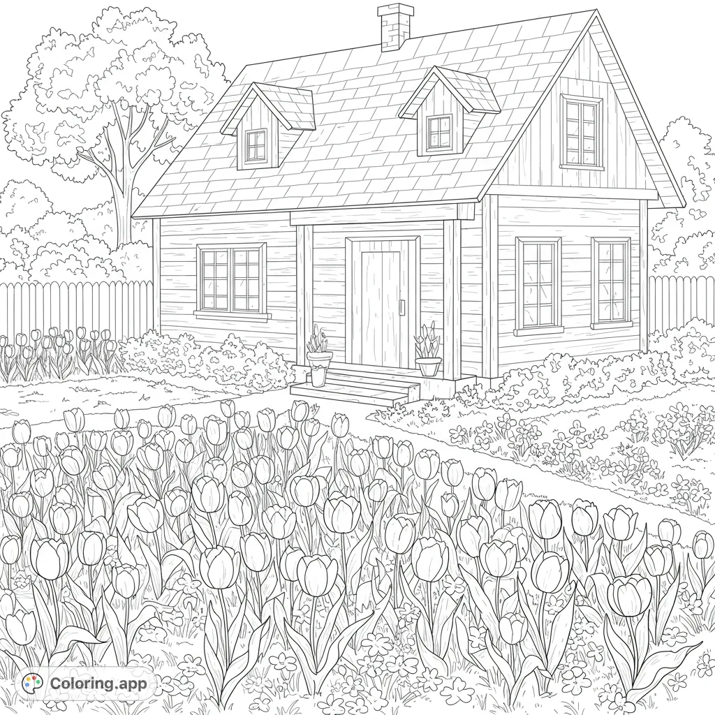 A charming cottage nestled in a vibrant tulip garden, perfect for a relaxing spring coloring page. Features a cozy home and blooming flowers.