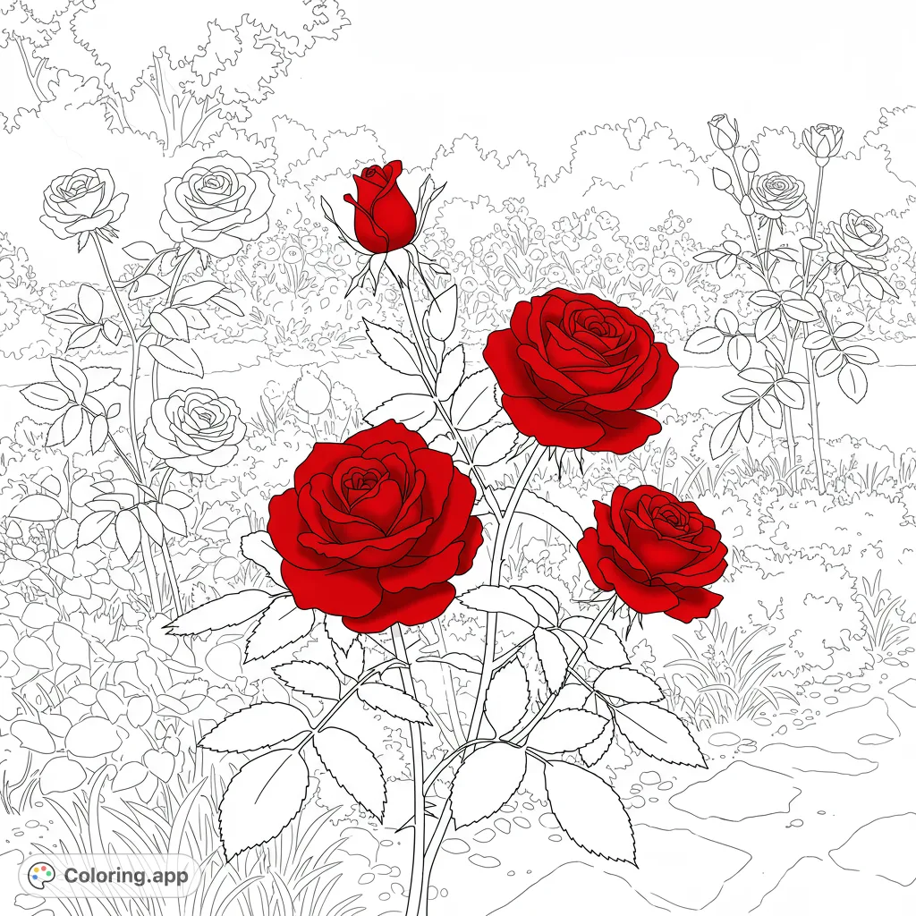 A beautiful rose garden coloring page featuring detailed blooms and lush foliage, perfect for nature lovers and floral enthusiasts.