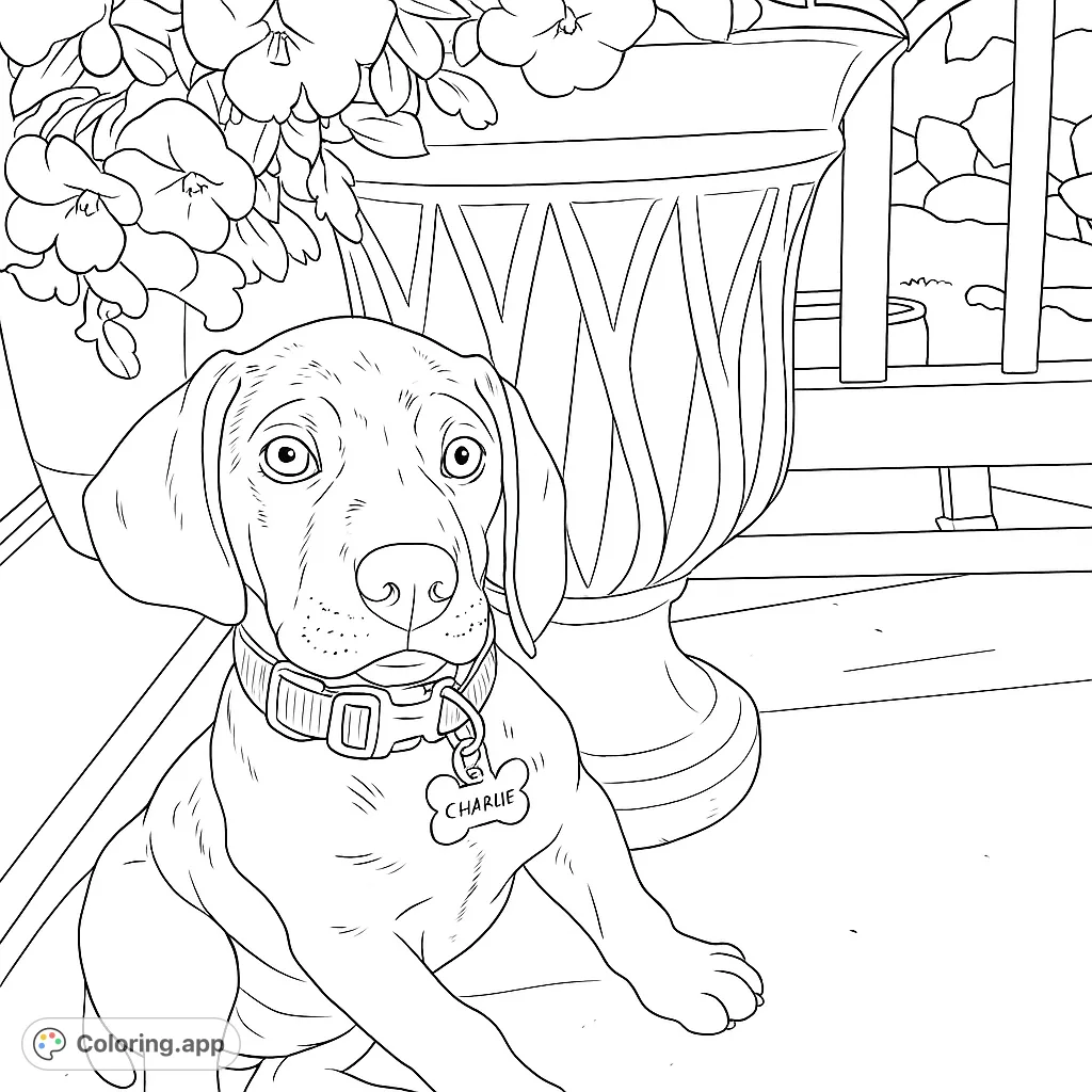 An adorable puppy sits by a beautiful flower planter, ready for a splash of color. A charming free printable puppy coloring page for all ages.