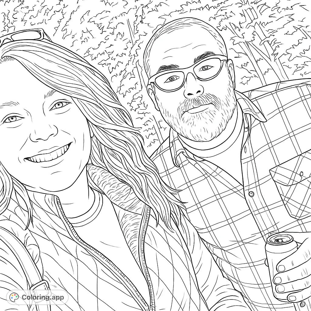 A cheerful couple's outdoor selfie, perfect for personalizing with vibrant colors. Features detailed clothing and a natural background.