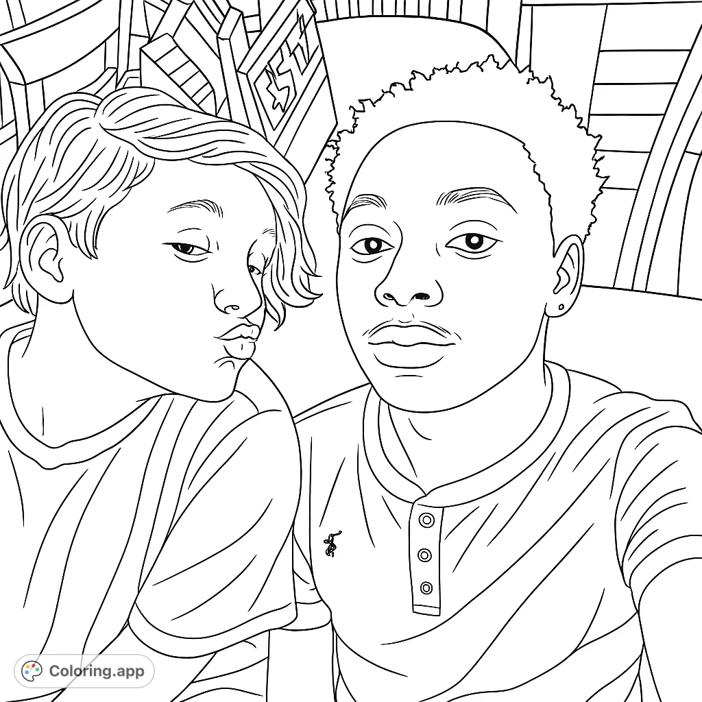 Capture a fun selfie moment with two friends! This free printable coloring page features a dynamic duo and an urban background, perfect for all ages.