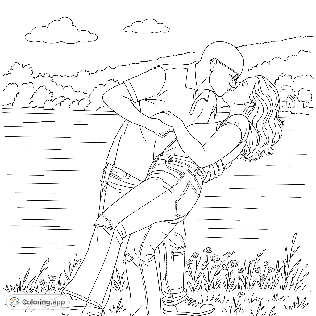 A romantic couple shares a passionate kiss by a serene lake, surrounded by natural beauty. Perfect for a love-themed coloring page.