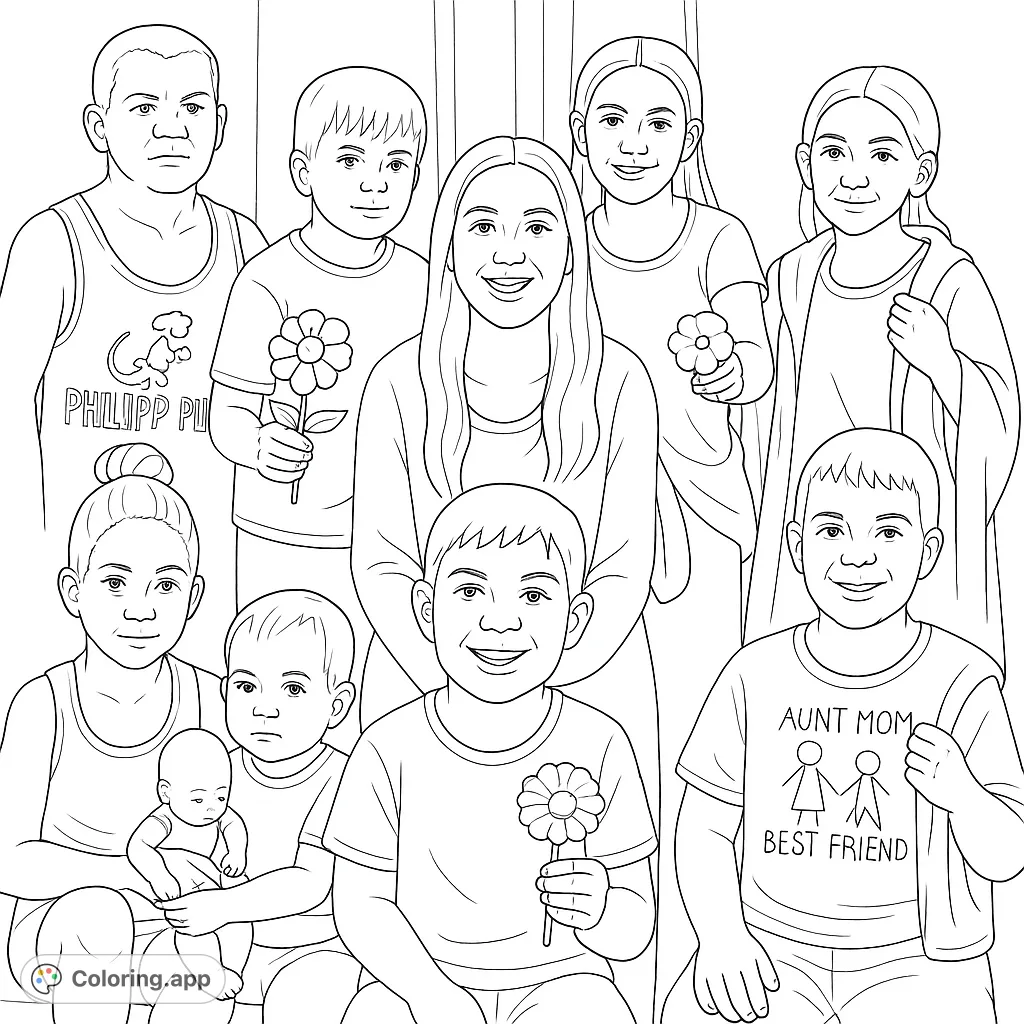 A heartwarming family gathering coloring page featuring multiple generations, perfect for all ages. A free printable coloring page for family fun and connection.