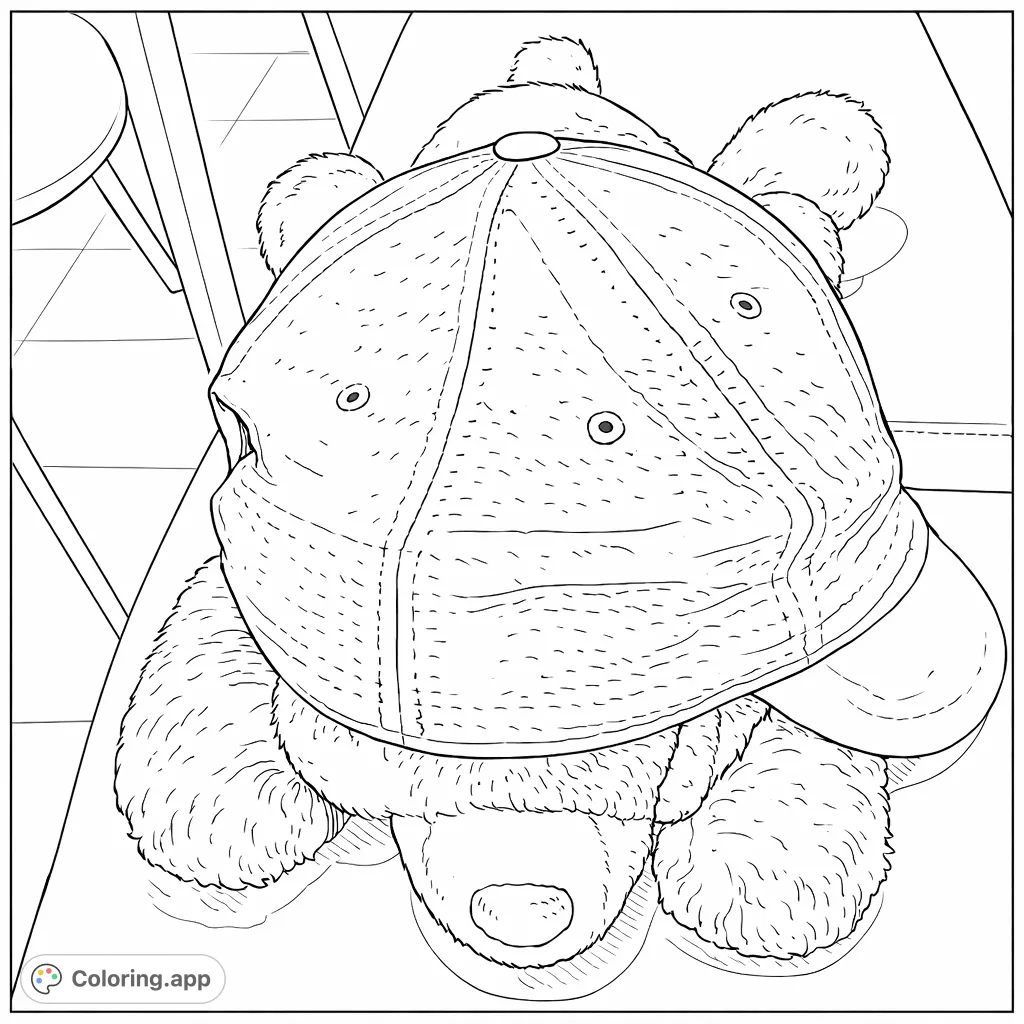 A charming teddy bear wearing a stylish baseball cap, ready for a fun coloring adventure. This free printable bear coloring page is perfect for all ages.