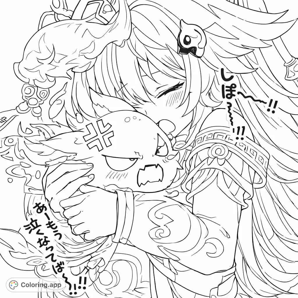 An anime-style character with flowing hair tenderly embraces a small, expressive creature with a grumpy face. A heartwarming yet playful scene for coloring.
