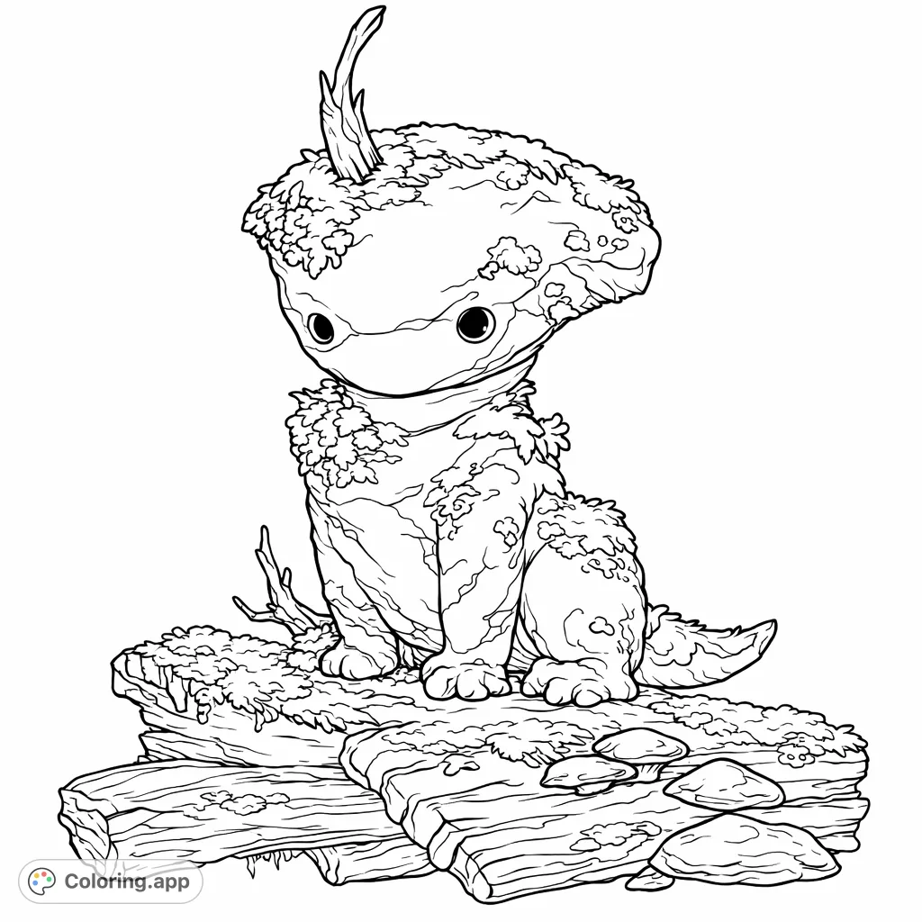 Discover a charming moss creature, a gentle forest spirit covered in organic textures, perched on a rustic log. Perfect for nature fantasy coloring.
