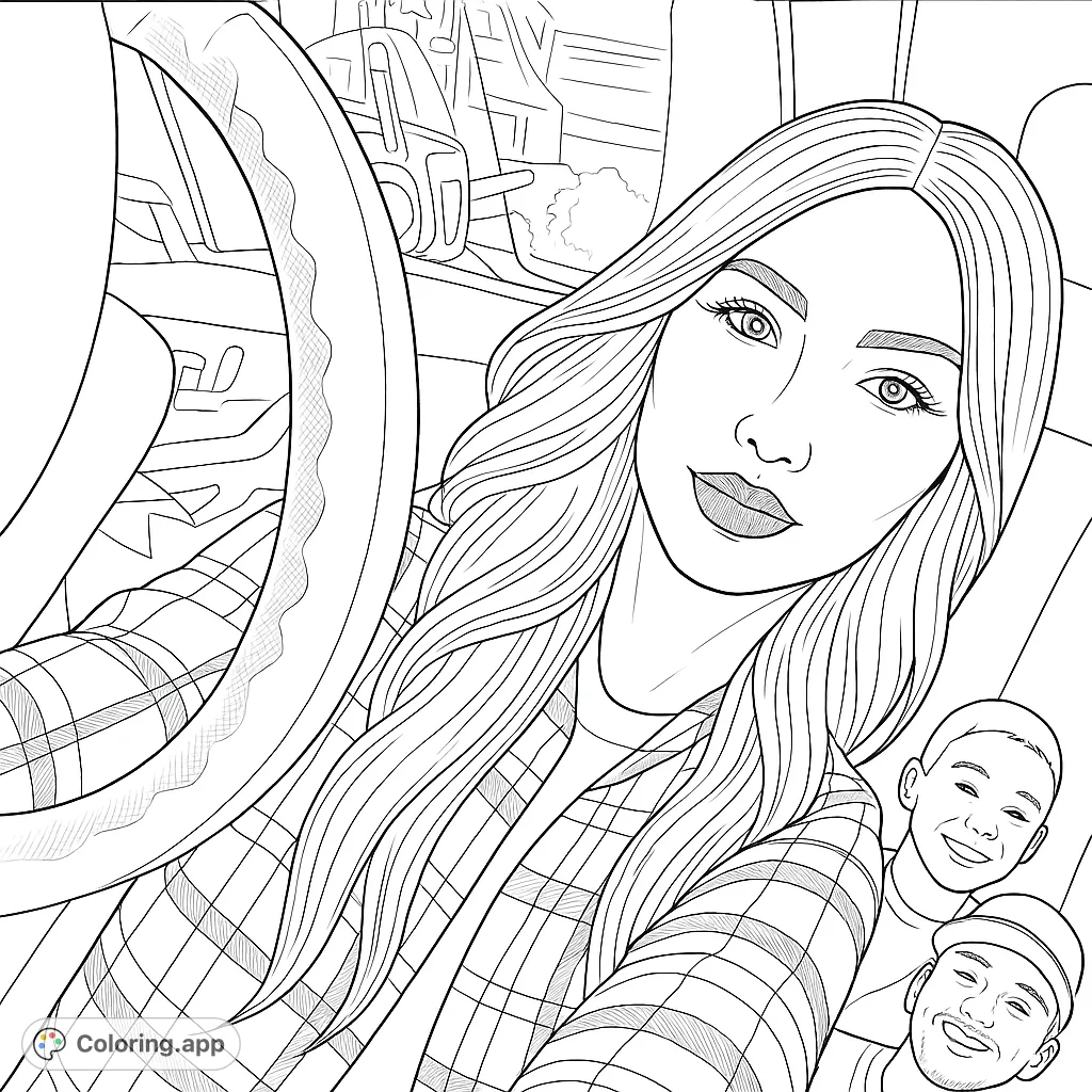 Capture the joy of a car selfie with friends! A young woman and two companions pose inside a vehicle, perfect for a fun, modern coloring page.