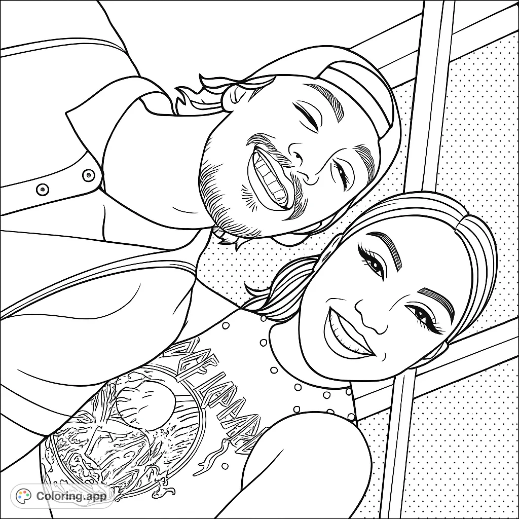 A delightful selfie of a smiling man and woman, perfect for personalizing with vibrant colors. Features a detailed graphic tee and pop art background.