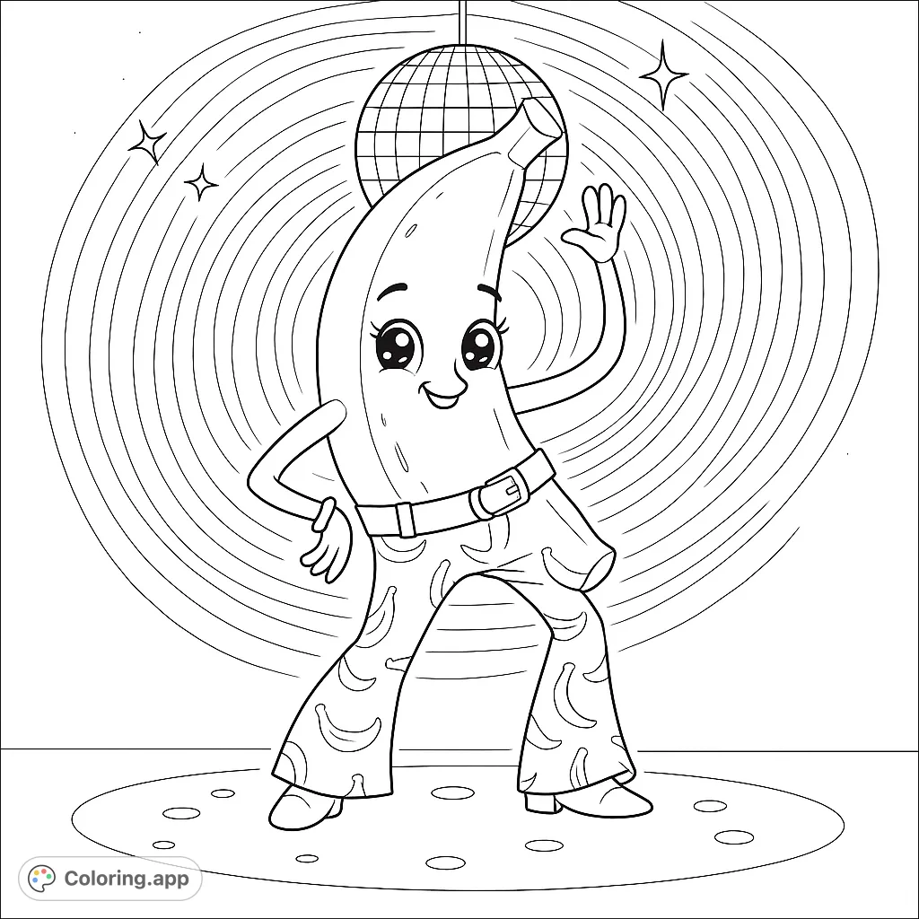 Get ready to boogie with this fun disco banana coloring page! A cheerful banana in bell-bottoms dances under a disco ball, perfect for a groovy time.