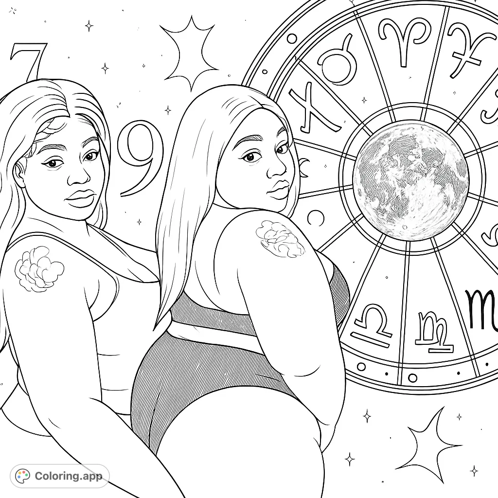 Celebrate self-love with this celestial beauty coloring page featuring two confident women, a detailed zodiac wheel, and a mystical moon.
