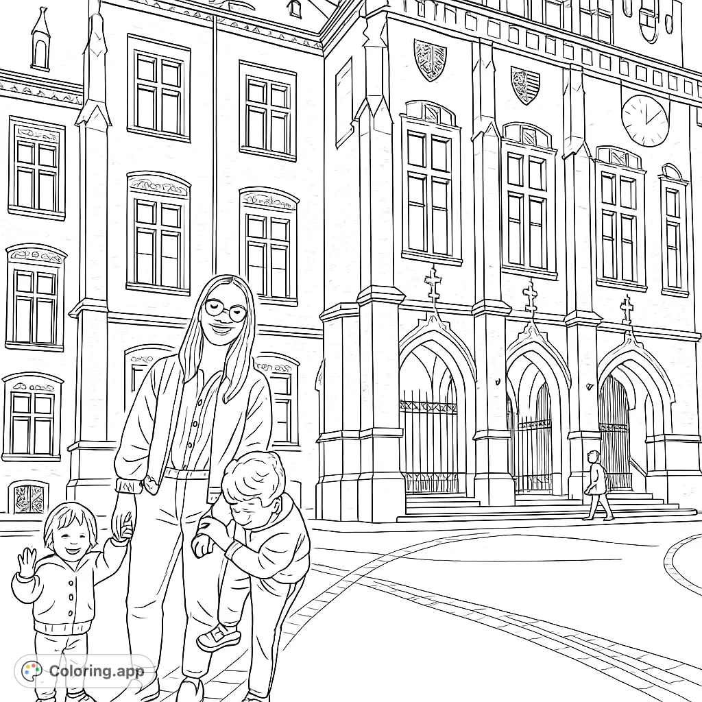 A charming family outing scene featuring a woman and two children in front of a grand historic building, perfect for a detailed city adventure coloring page.