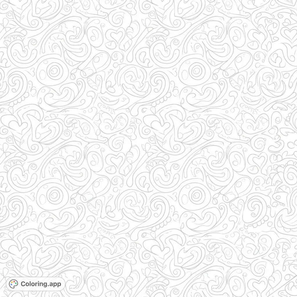 Explore an intricate seamless pattern of swirling organic shapes, hearts, and delicate curls, offering endless creative coloring possibilities.