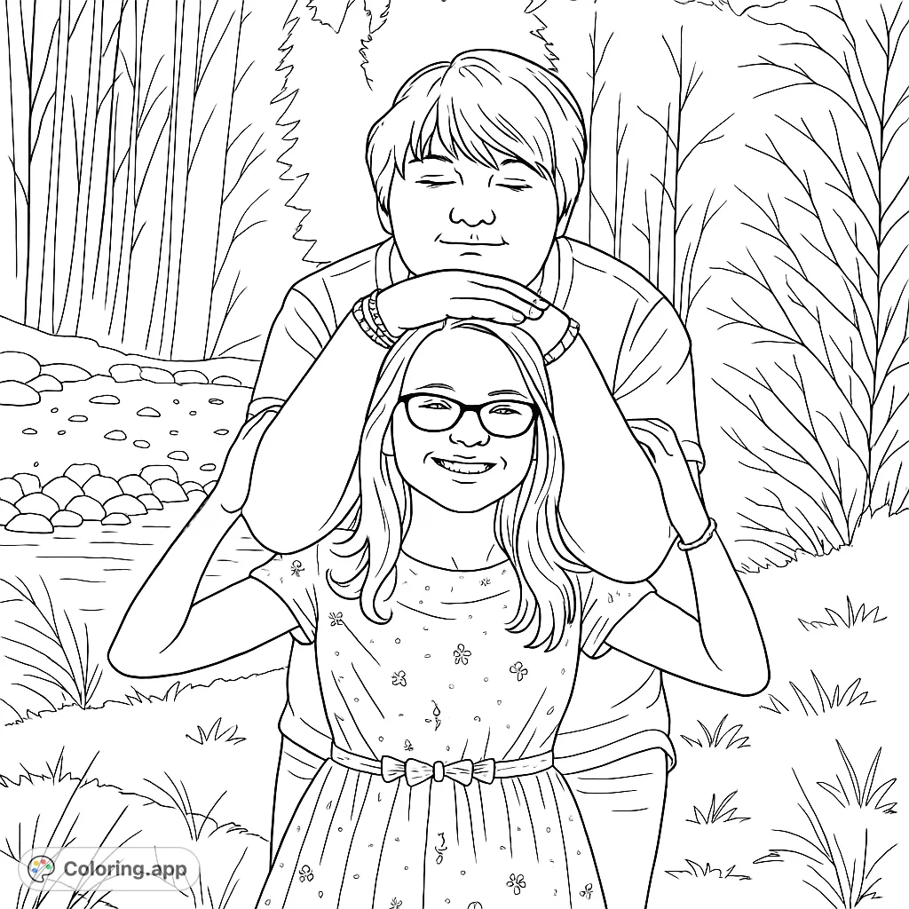 A heartwarming nature portrait featuring two people in a gentle embrace amidst a serene forest and stream, perfect for a free printable coloring page.