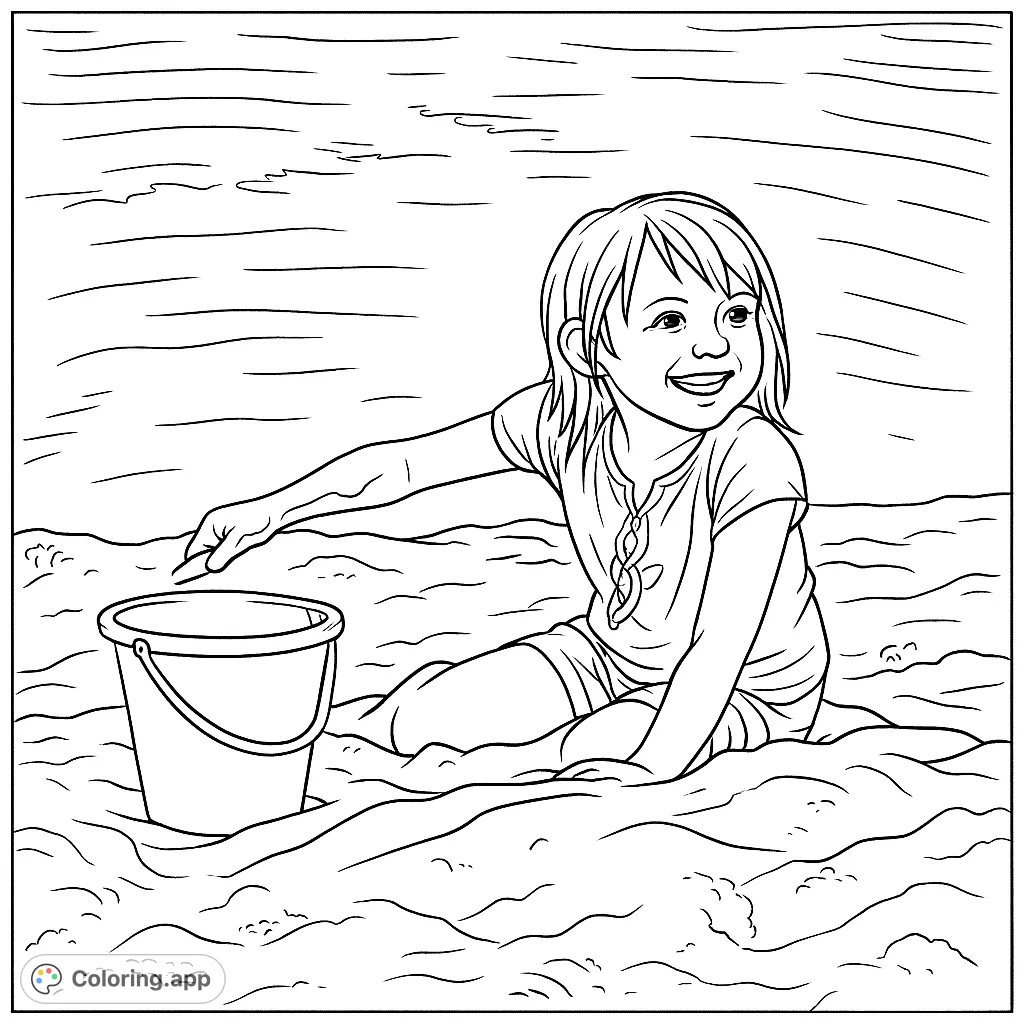 A joyful child plays in the sand with a bucket, perfect for a sunny beach day coloring adventure. Free printable fun for kids and adults!