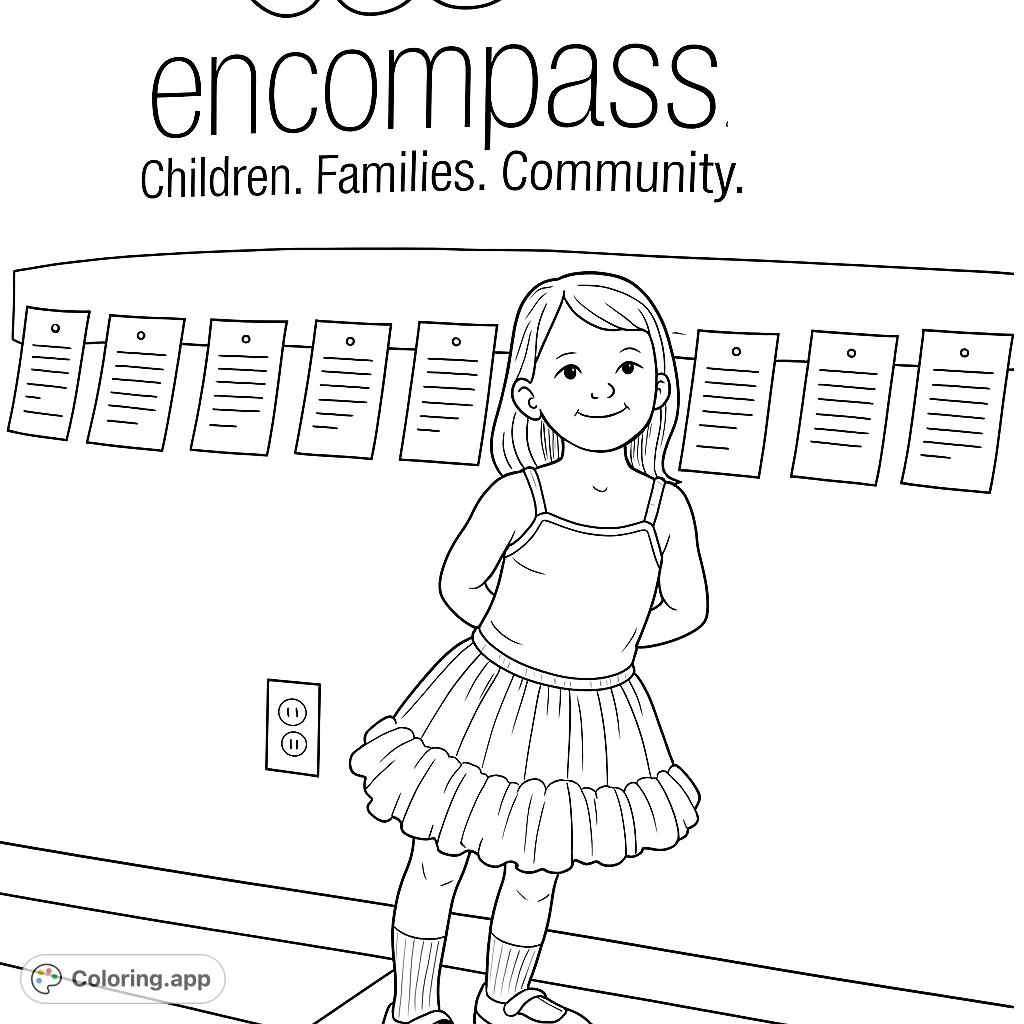 A cheerful young girl in a ruffled skirt stands before a wall adorned with hanging papers. A delightful children's activity coloring page for creative fun.