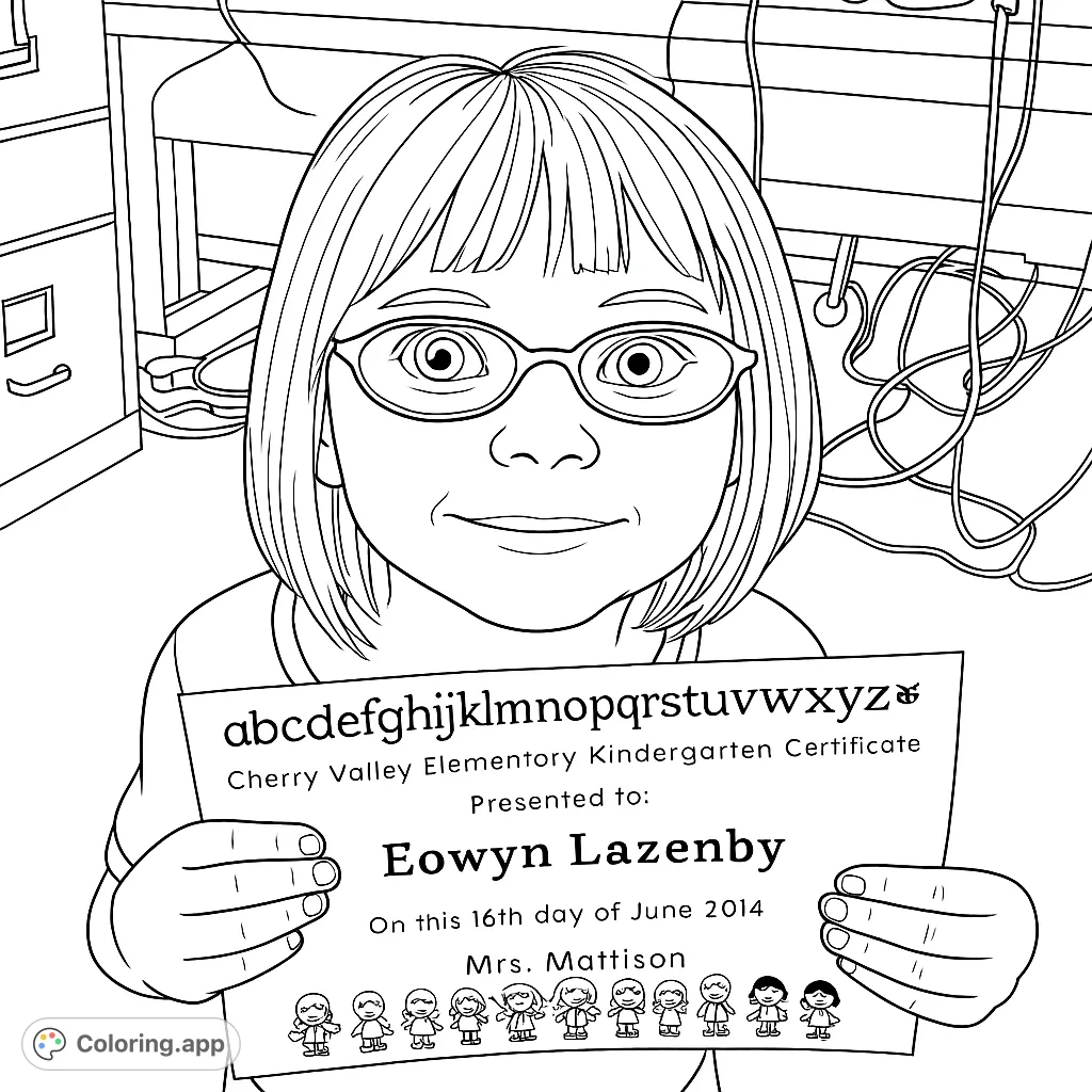 A happy girl with glasses proudly holds her achievement certificate. A free printable student success coloring page for kids, perfect for celebrating milestones.