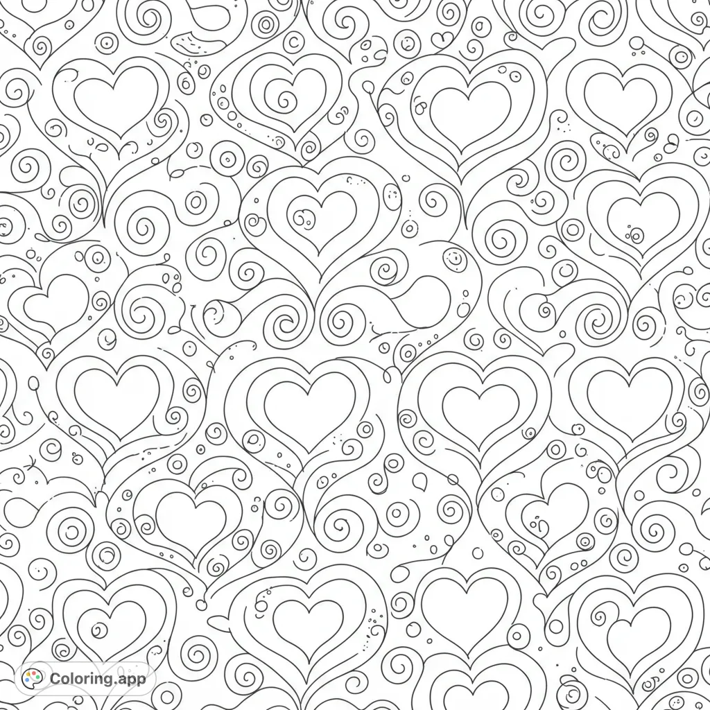 An intricate heart pattern coloring page featuring elegant swirls and dots, perfect for expressing love and creativity. A free printable coloring page for all ages.