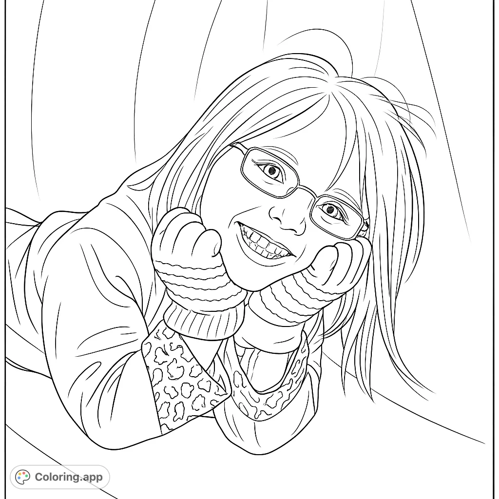A delightful free printable happy child coloring page featuring a smiling girl with glasses, perfect for kids and adults to enjoy.