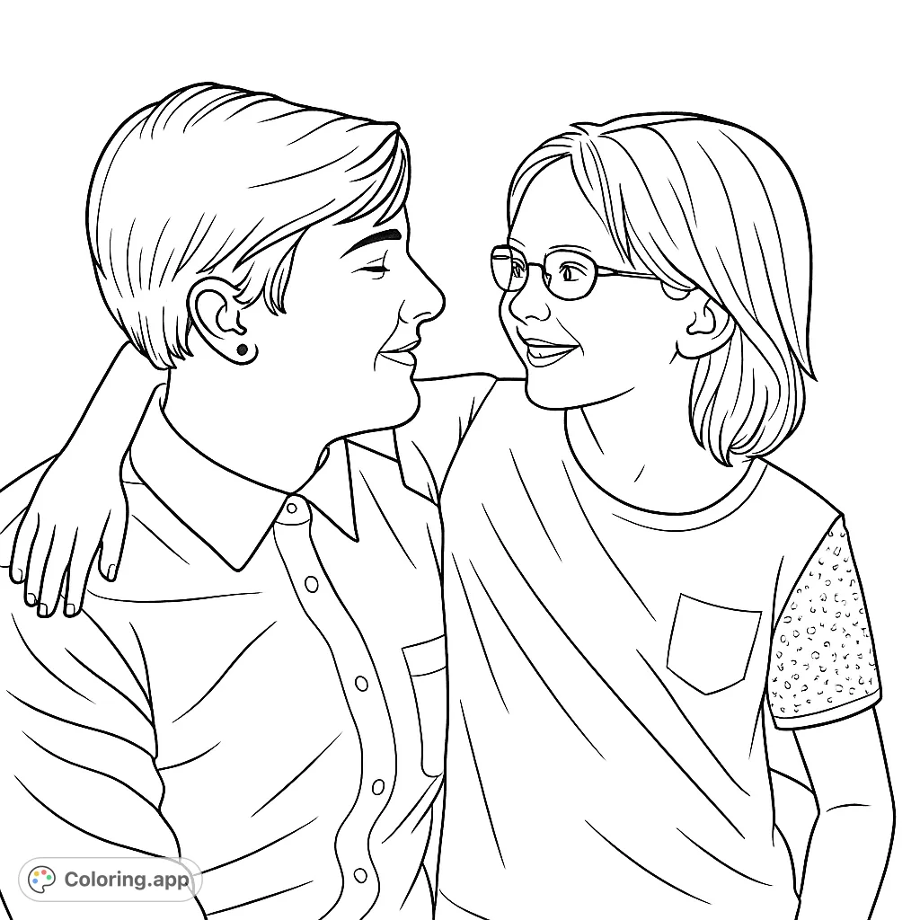 A heartwarming free printable friendship coloring page featuring two smiling individuals in a gentle embrace, perfect for all ages to color and enjoy.