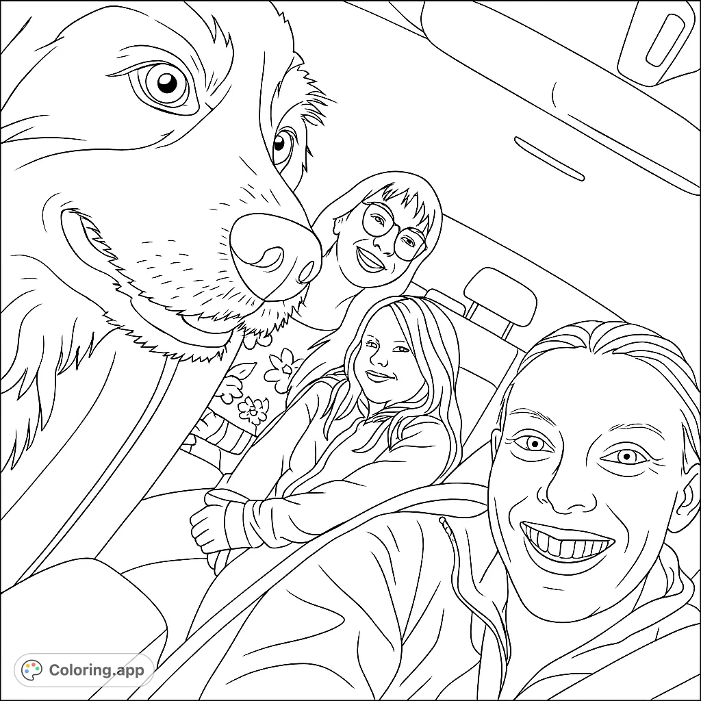 A joyful family and their dog on a car trip, captured in a fun selfie-style black and white line drawing, perfect for coloring.