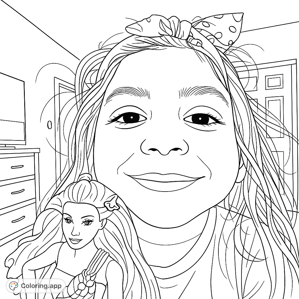 A delightful selfie coloring page featuring a smiling girl with a polka-dot bow and her favorite doll, perfect for creative expression.