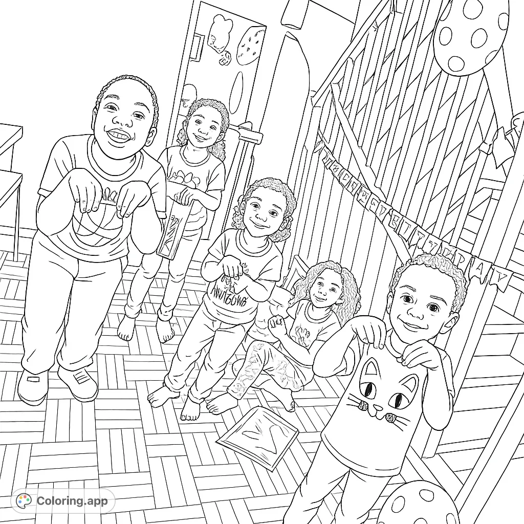 A joyful birthday party scene featuring five smiling children, balloons, and a 'Happy Birthday' banner. Perfect for celebrating special moments!