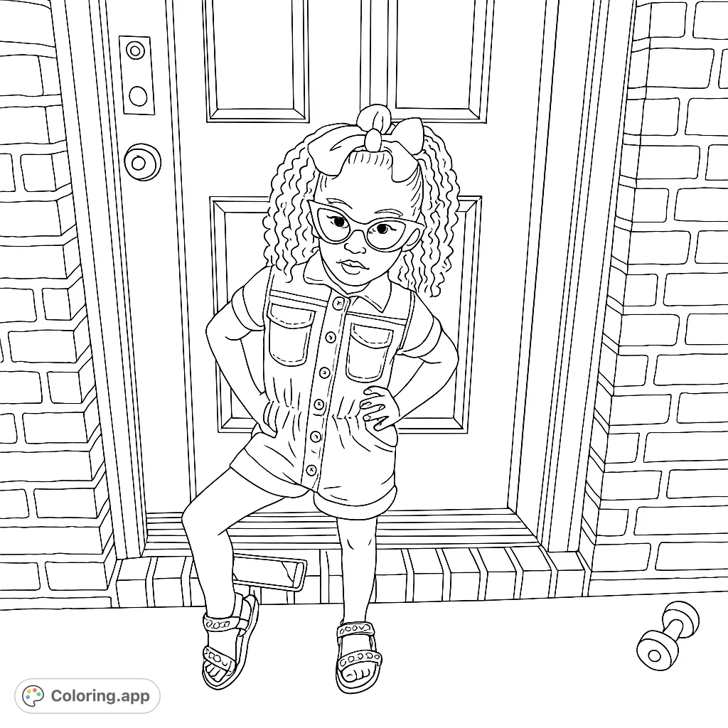 A stylish young girl with glasses and a bow poses confidently on a doorstep, ready for adventure. A fun, free printable girl power coloring page!