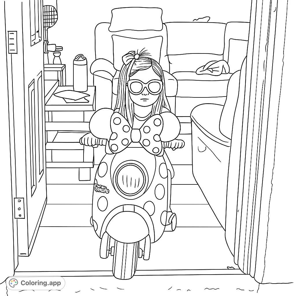 A determined girl in sunglasses rides her polka-dotted toy scooter indoors, ready for adventure. A fun, free printable coloring page for kids!